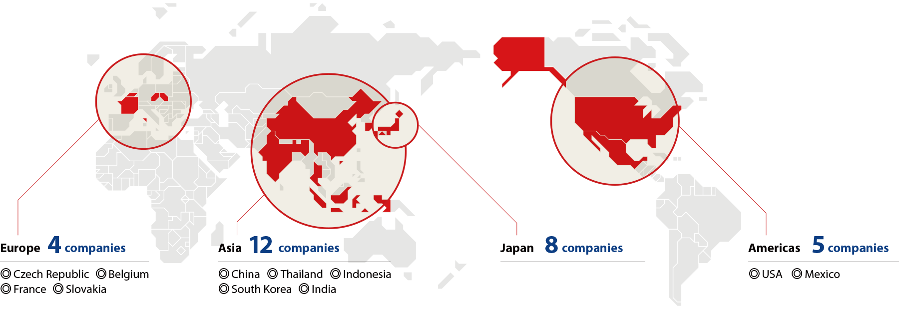 Europe 4 companies, Asia 12 companies, Japan 8 companies, Americas 5 companies